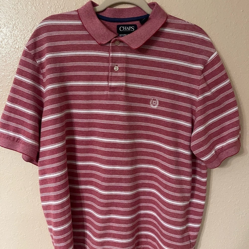 CHAPS Red White Stripe Stretch Short‎ Sleeve Polo Top Men's Shirt XL